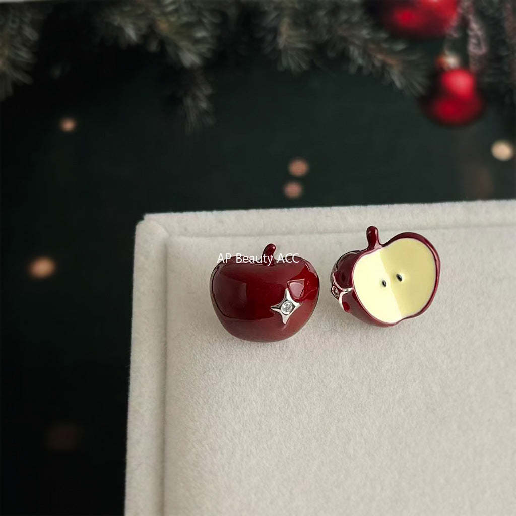 A廠-創意ins風925銀針琺瑯滴釉酒紅色蘋果耳環不對稱個性AB款耳飾「7174」25.12-1