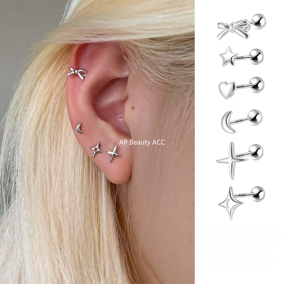 C廠-925純銀輕奢蝴蝶結耳釘女韓風簡約日常星星月亮耳環小眾高級耳飾「EH-4256」25.11-3