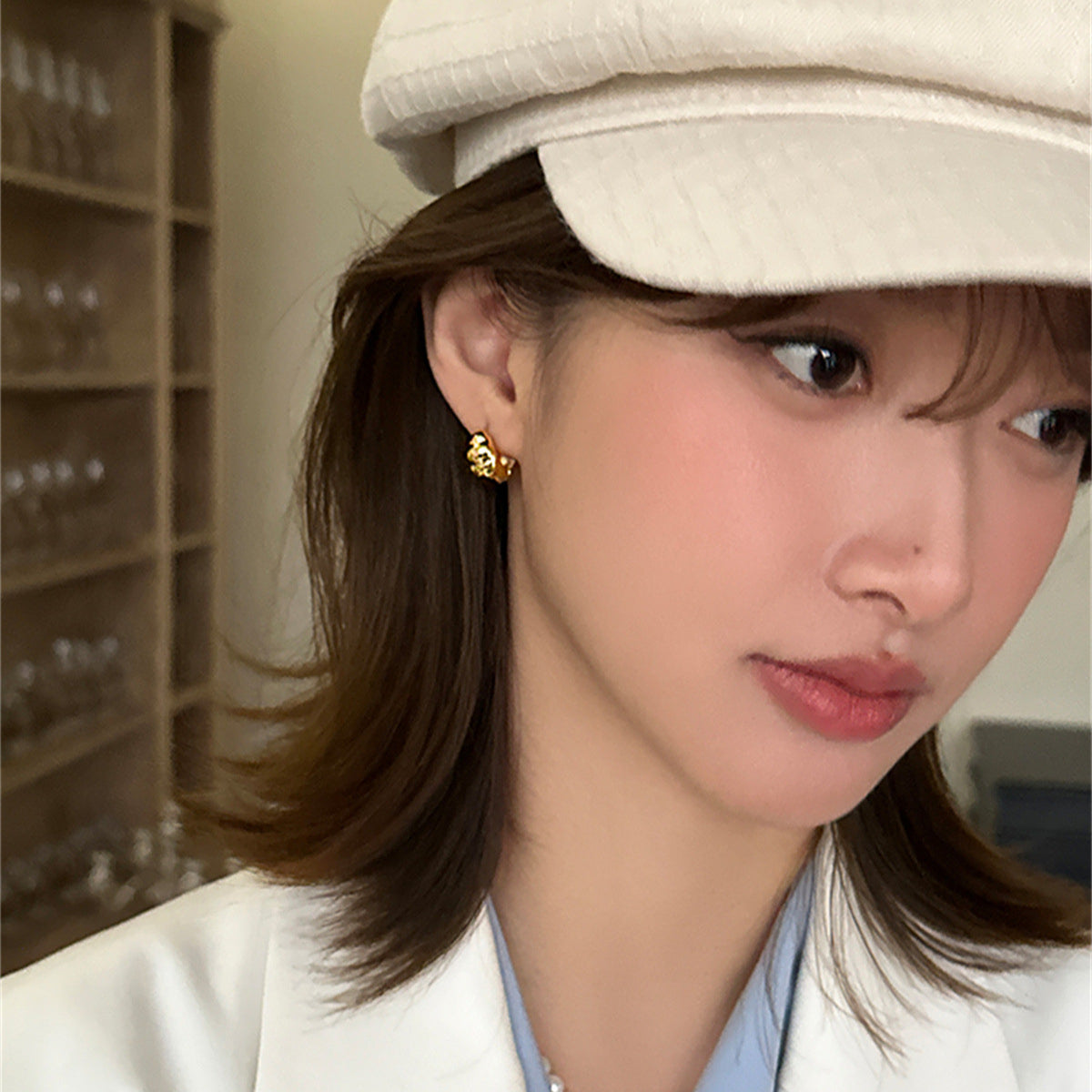 C廠-925銀針小眾牛角包設計耳環女歐美時尚高級感素圈耳環輕奢新耳飾「EH-3676」25.07-3