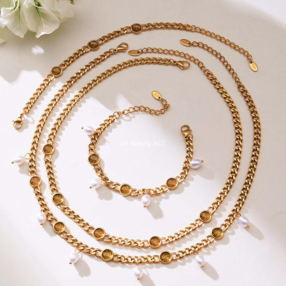 B廠-歐美熱銷款仿珍珠流蘇項鍊手鍊不鏽鋼鍍18k金ins小眾設計首飾套裝「TXP496」25.11-4