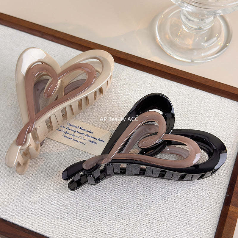 E廠-秋冬奶咖色漸變雙層愛心抓夾個性ins風不規則後腦勺髮抓盤髮夾女「27753」25.12-1