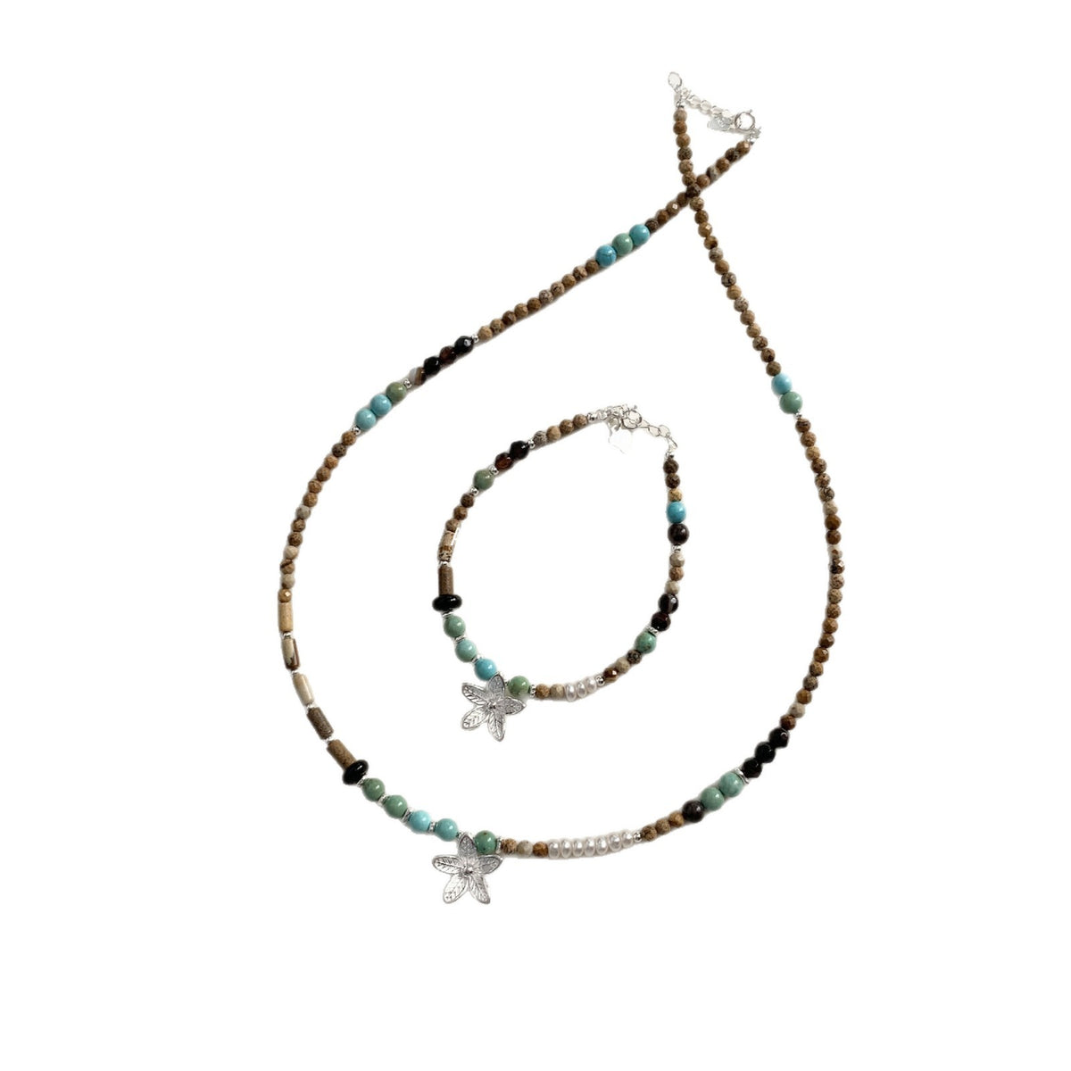 C廠-泰國清邁手工銀 天然珍珠花朵鋁鎂礦圖畫石S925純銀手鍊925銀項鍊「1540」25.11-2