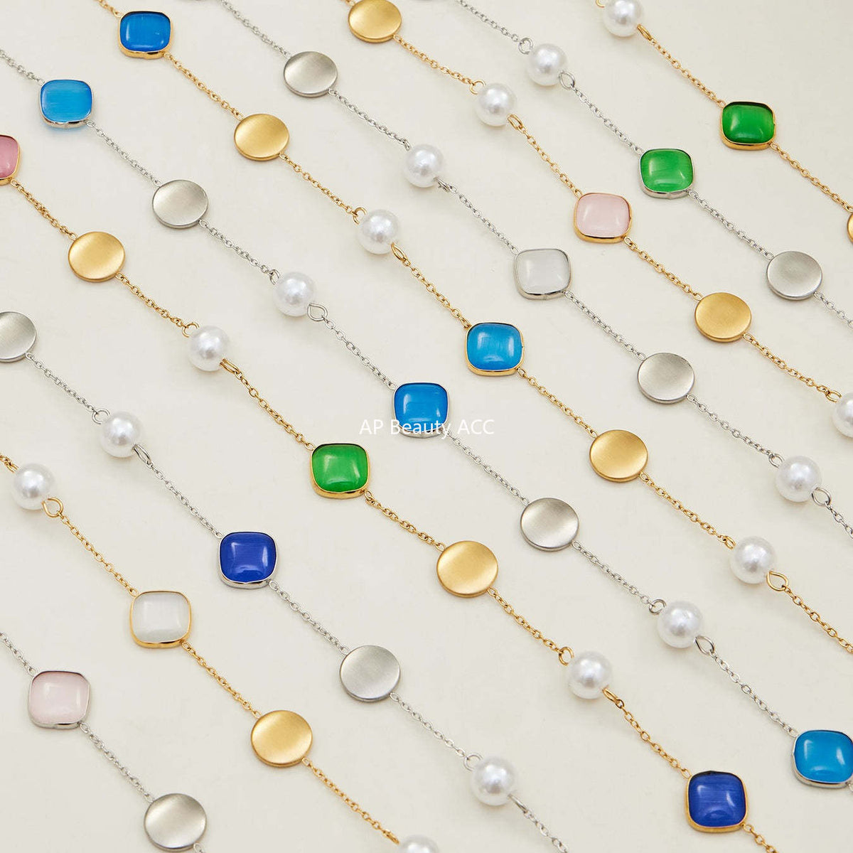 B廠-不鏽鋼貓眼石多色手工串膠珠鎖骨項鍊鍍18k真金質感女款珠寶首飾「P822」25.12-2