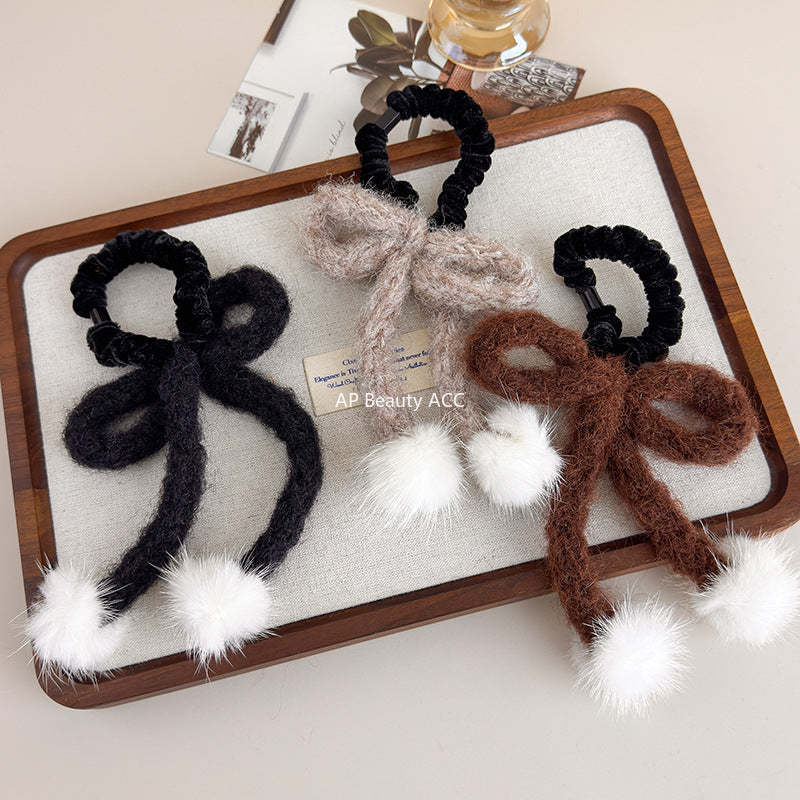 E廠-秋冬日系甜美毛線蝴蝶結髮圈少女白色毛球飾品可愛髮繩扎頭髮皮筋「26334」25.11-3