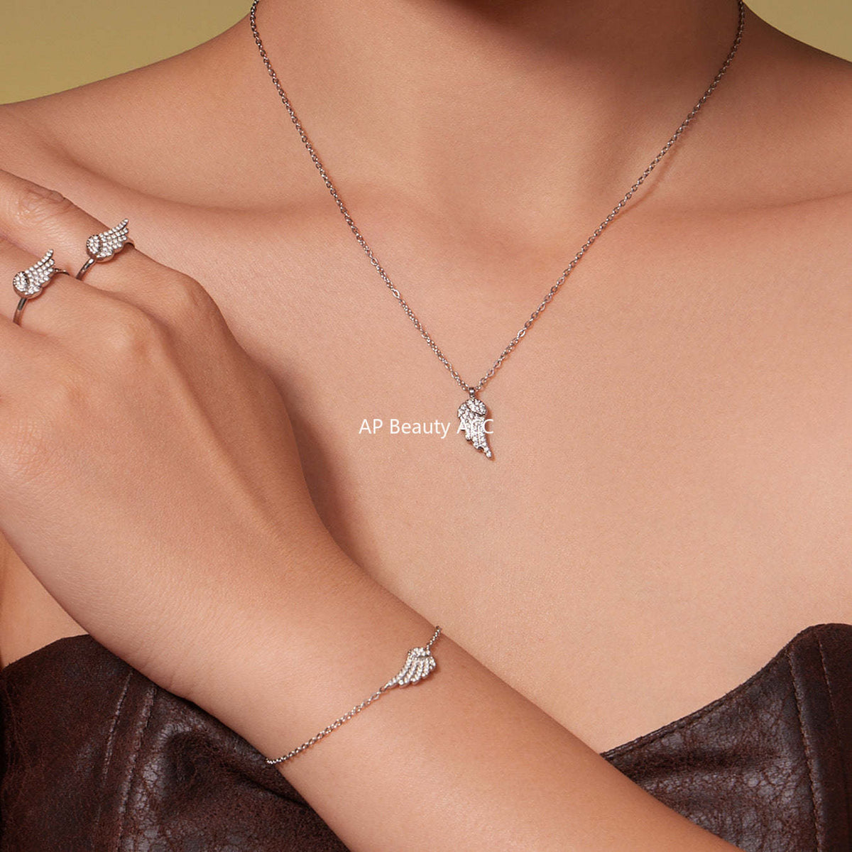 B廠-超閃5A鋯石小翅膀造型手鍊項鍊耳環戒指套裝不鏽鋼鍍18k金「TXP486」25.11-4