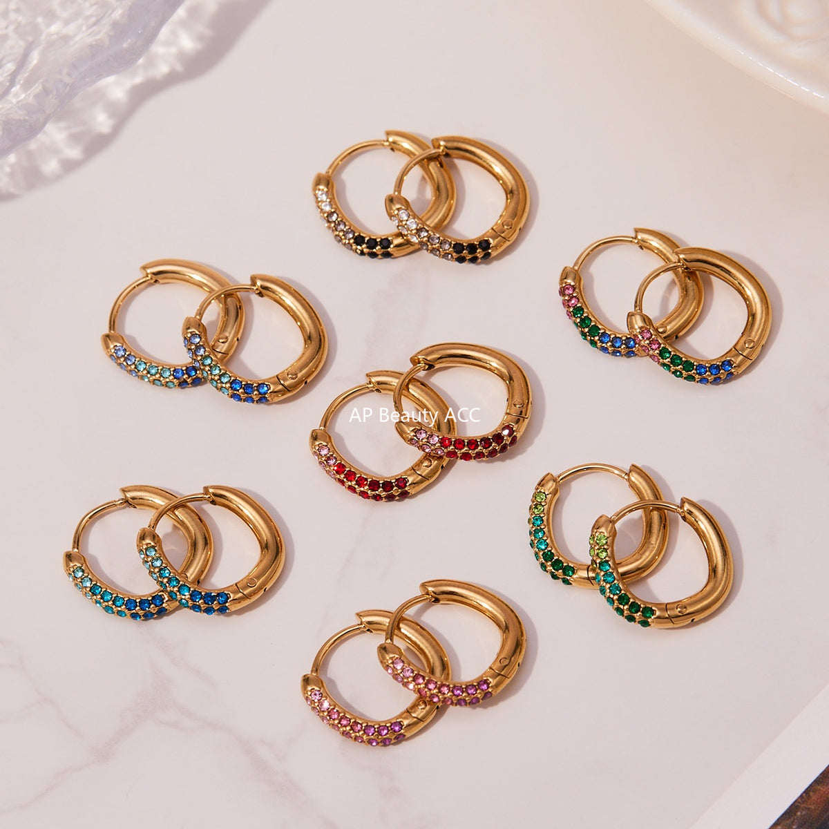 B廠-超閃5A彩色鋯石小耳環卡扣耳飾不鏽鋼鍍18k真金跨境熱銷款「F752」25.11-1