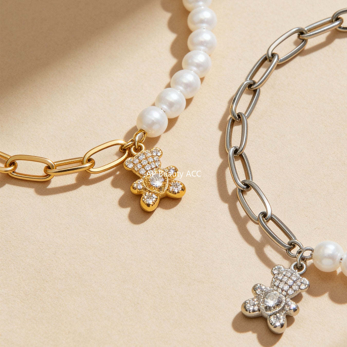 B廠-不鏽鋼愛心小熊鑲鋯石吊墜手工貝珠手鍊手指鏈組合手上鍍18k真金「E153-E162」25.12-3