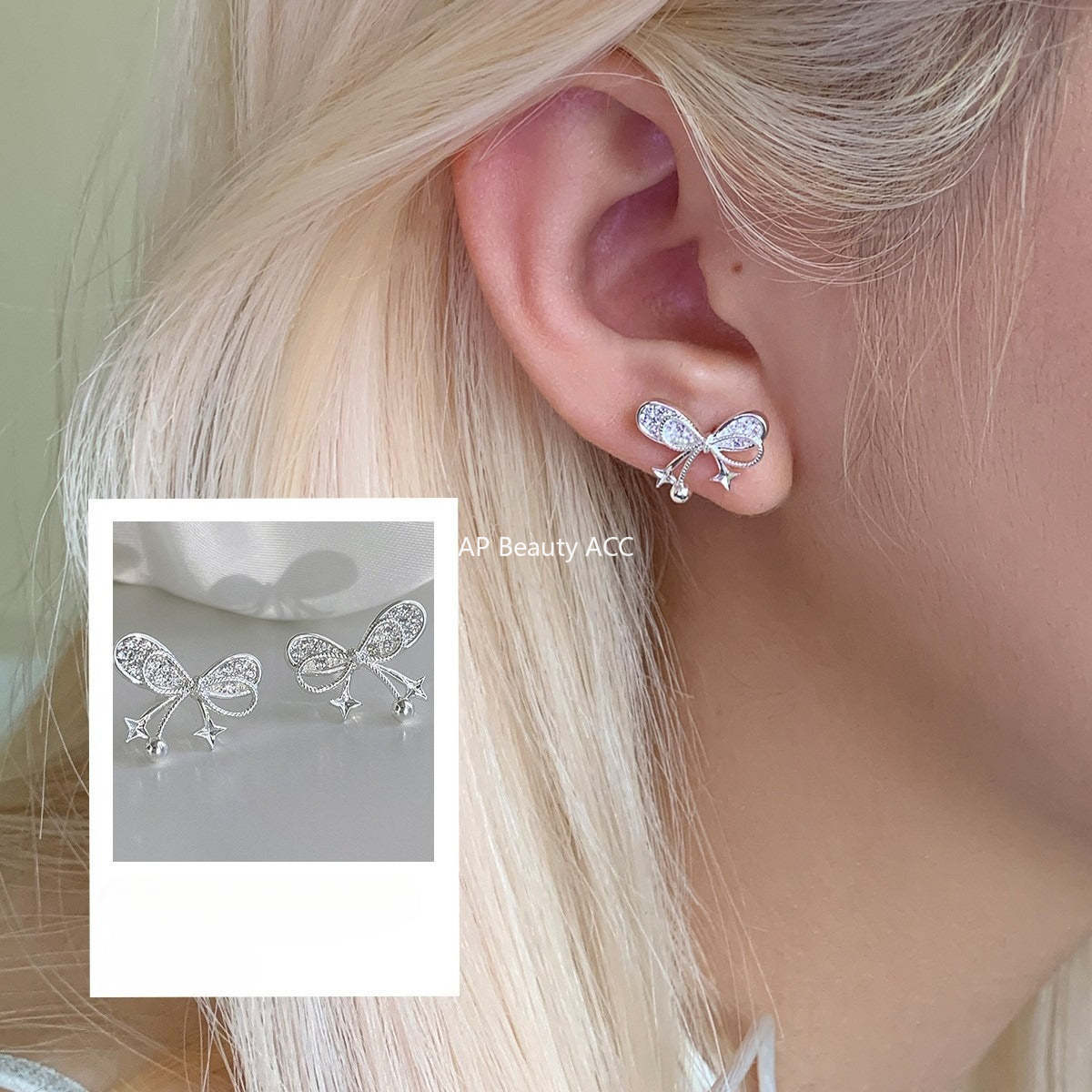 C廠-韓系小香風蝴蝶結星星耳釘女輕奢高級感銀針鋯石耳環精緻秋冬耳飾「EH-4329」25.12-1