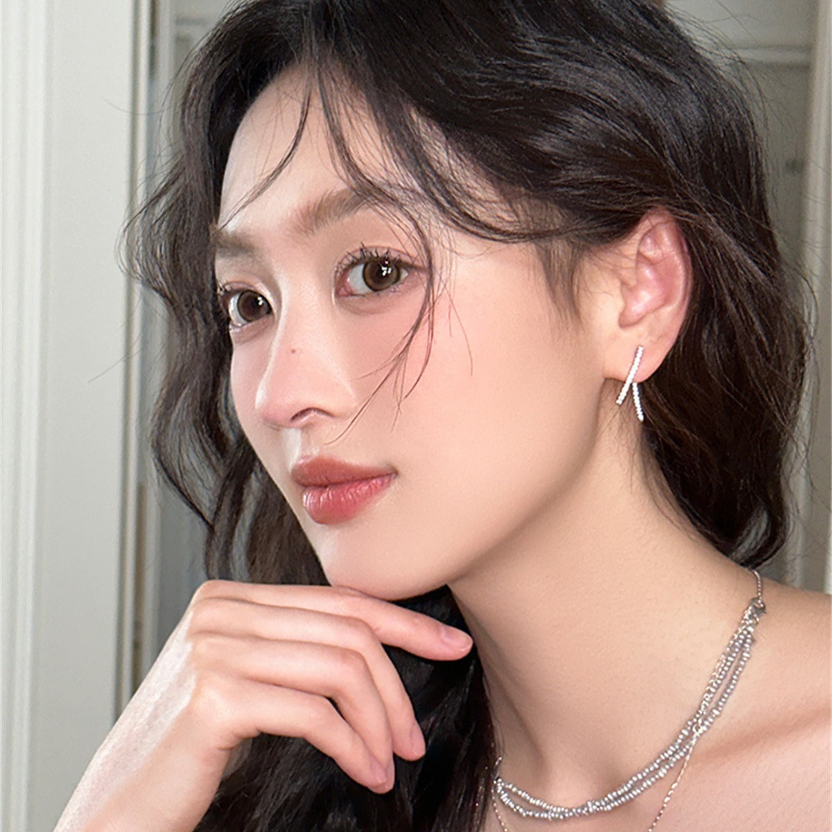 C廠-925銀針幾何線條後掛式耳釘女氣質幾何個性高級感鋯石耳環ins耳飾「EH-4018」25.10-2