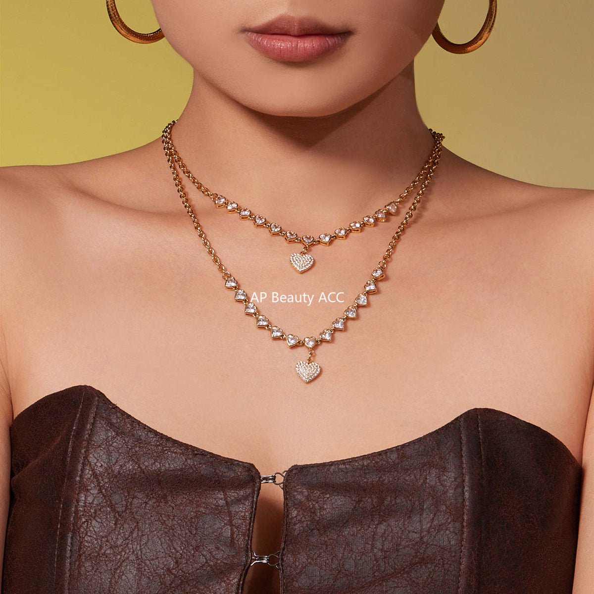 B廠-超閃5A鋯石滿鑽15個愛心鎖骨項鍊不鏽鋼鍍18k真金珠寶首飾「P970」25.11-4