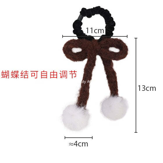 E廠-秋冬日系甜美毛線蝴蝶結髮圈少女白色毛球飾品可愛髮繩扎頭髮皮筋「26334」25.11-3