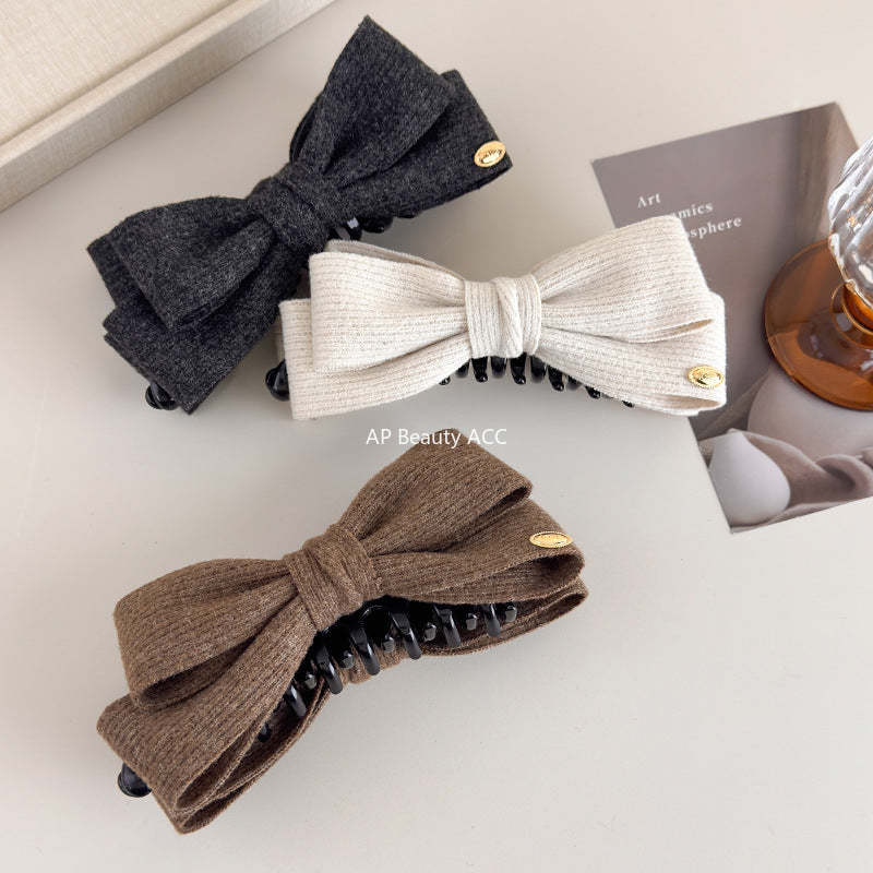 E廠-秋冬毛呢雙面蝴蝶結香蕉夾女後腦勺高馬尾髮夾氣質鯊魚夾頭飾髮卡「27708」25.11-3