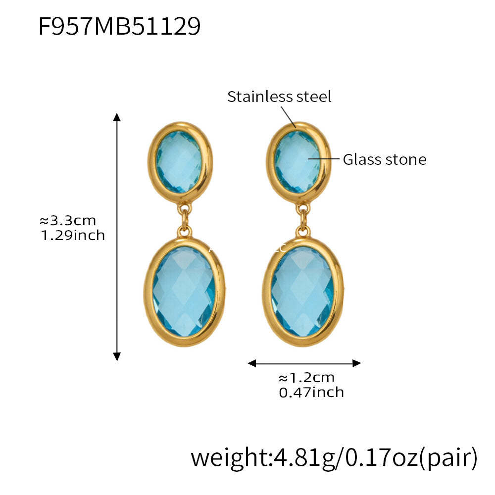 B廠-不鏽鋼幾何橢圓吊墜切面玻璃石耳環ins小眾設計百搭耳飾鍍18k真金「F957」25.12-1