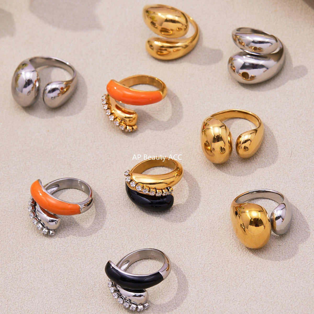 B廠-跨境法式光面雙水滴開口戒指不鏽鋼鍍18k真金不掉色首飾品「A656-A658」25.11-1