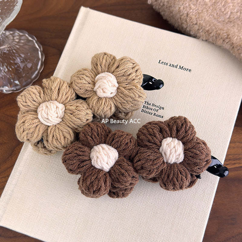 E廠-復古毛線花朵香蕉夾竪夾女秋冬飽滿後腦勺高馬尾抓夾氣質百搭髮夾「27628」25.11-1