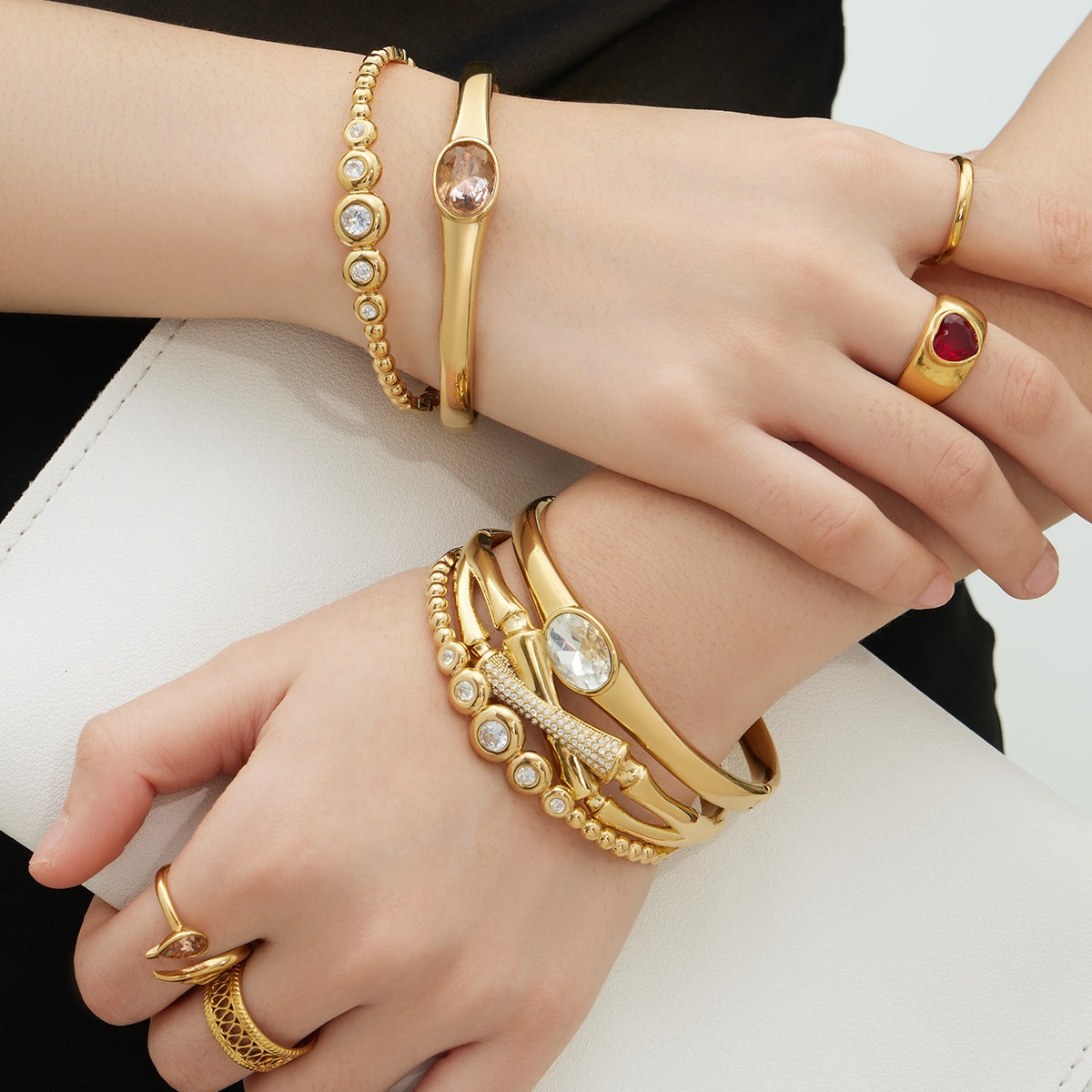 B廠-不鏽鋼超閃5A鋯石卡扣手鐲鍍18k真金歐美跨境INS時尚百搭女士手環「Z525-Z527」25.12-3