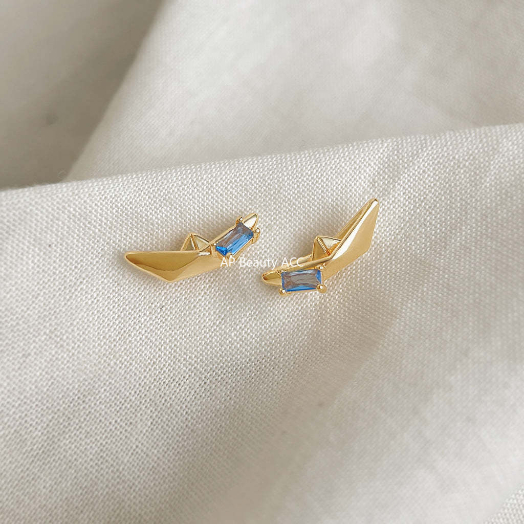 A廠-原創漂流船~鑲嵌海藍寶鋯石925銀針個性創意設計新款耳釘「7159」25.11-4