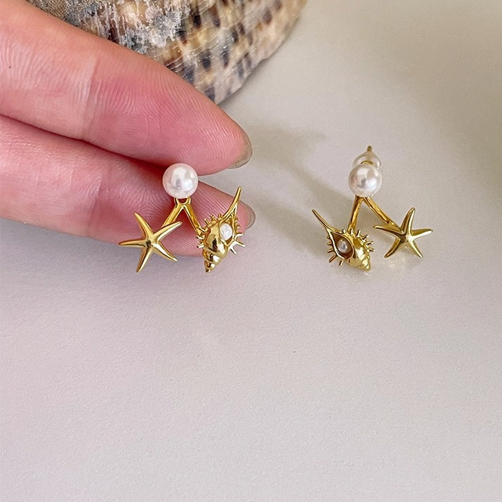 C廠-後掛式珍珠耳釘女小眾設計感海星海螺耳環5新爆銀針耳飾「EH-3098.eb-SJ」25.12-1