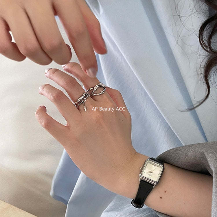 C廠-時尚個性冷淡風星星吊墜純銀戒指女小眾輕奢疊戴風多層鋯石食指戒「JZ-0720」25.10-5