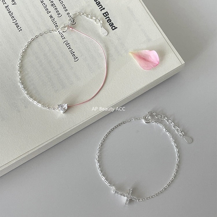 C廠-輕奢小眾愛心鋯石手鍊女高級感潮流十字架純銀手飾百搭冷淡風飾品「SL-487」25.11-1