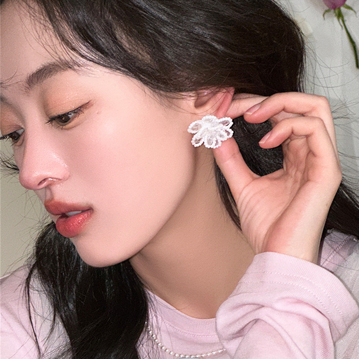 C廠-設計感夏天甜美超仙花朵珍珠耳釘女時髦高級感簡約小清新鋯石耳飾「EH-3877」25.06-3