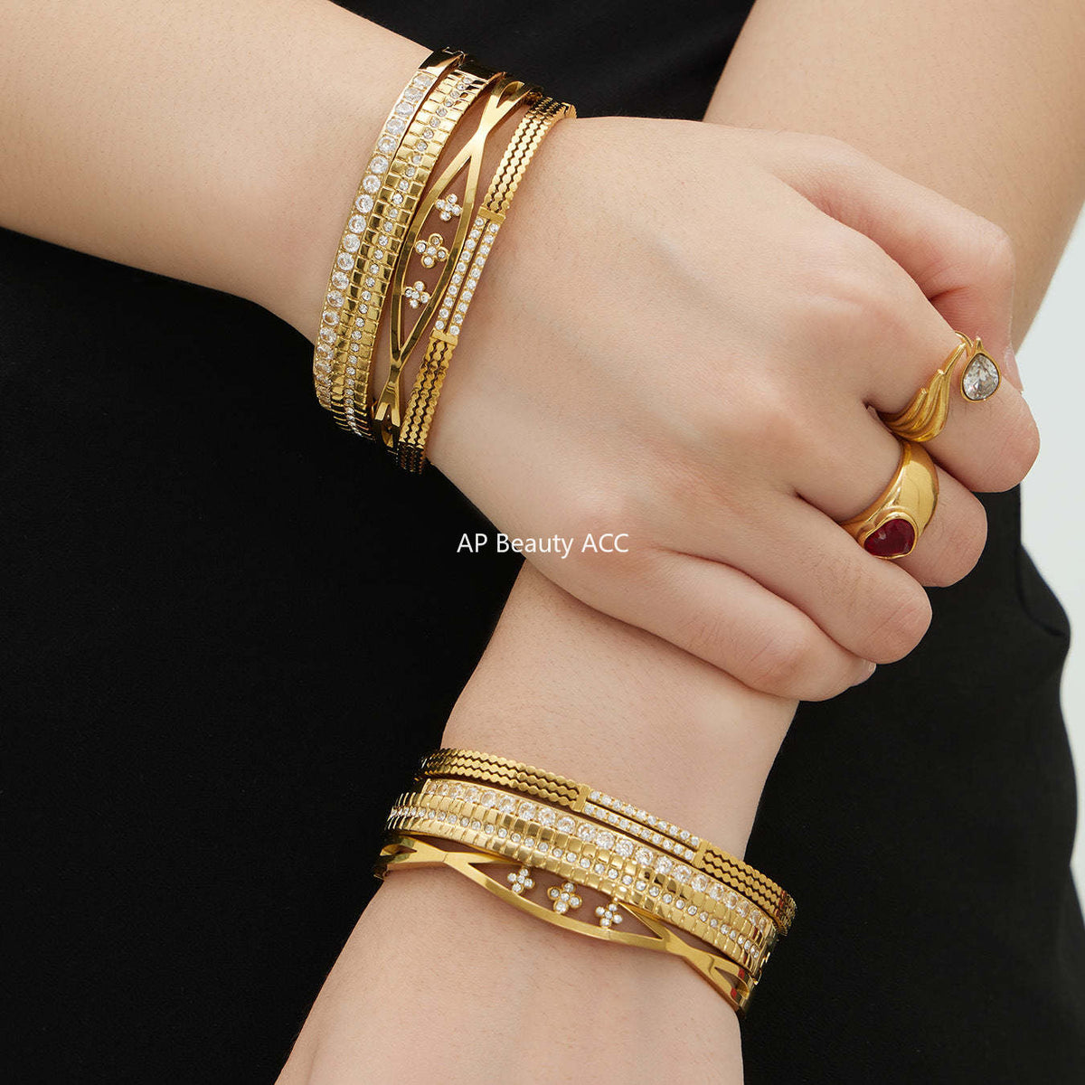 B廠-不鏽鋼單排鑽鋯石卡扣手鐲組合歐美時尚潮酷手飾品鍍18k金不掉色「Z512-15」25.12-2