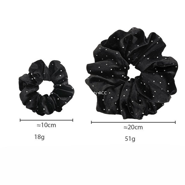 E廠-秋冬高級感韓系黑色絲絨燙鑽大腸髮圈百搭實用馬尾髮繩復古髮飾女「27641」25.11-1