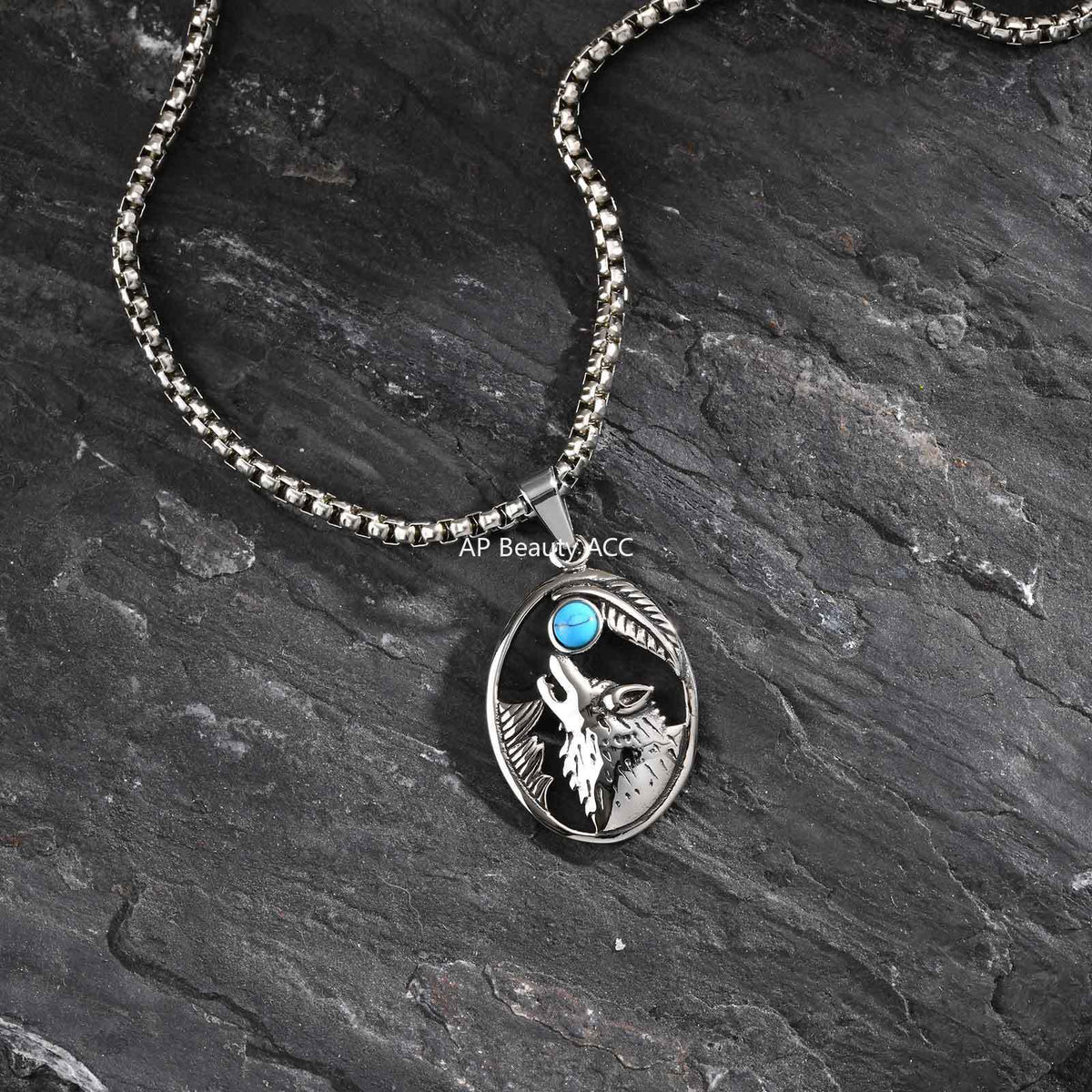 G廠-不鏽鋼狼頭綠松石吊墜歐美狼頭復古個性嘻哈吊墜時尚項鍊「PN-2231」25.11-1