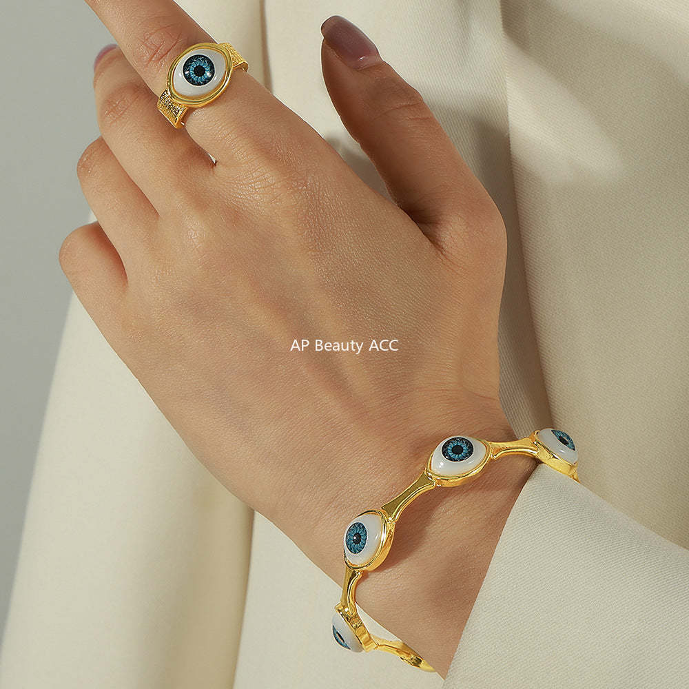 B廠-跨境嘻哈風女式銅鍍真金指環惡魔之眼開口手環手鐲歐美風個性套裝「Y088」25.10-5