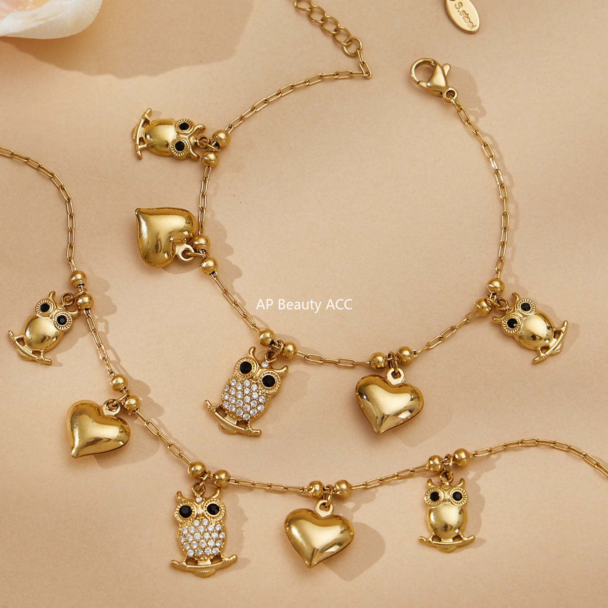 B廠-不鏽鋼貓頭鷹鑲鋯石DIY多配件愛心吊墜項鍊手鍊首飾套裝鍍18k真金「TXP528」25.12-3
