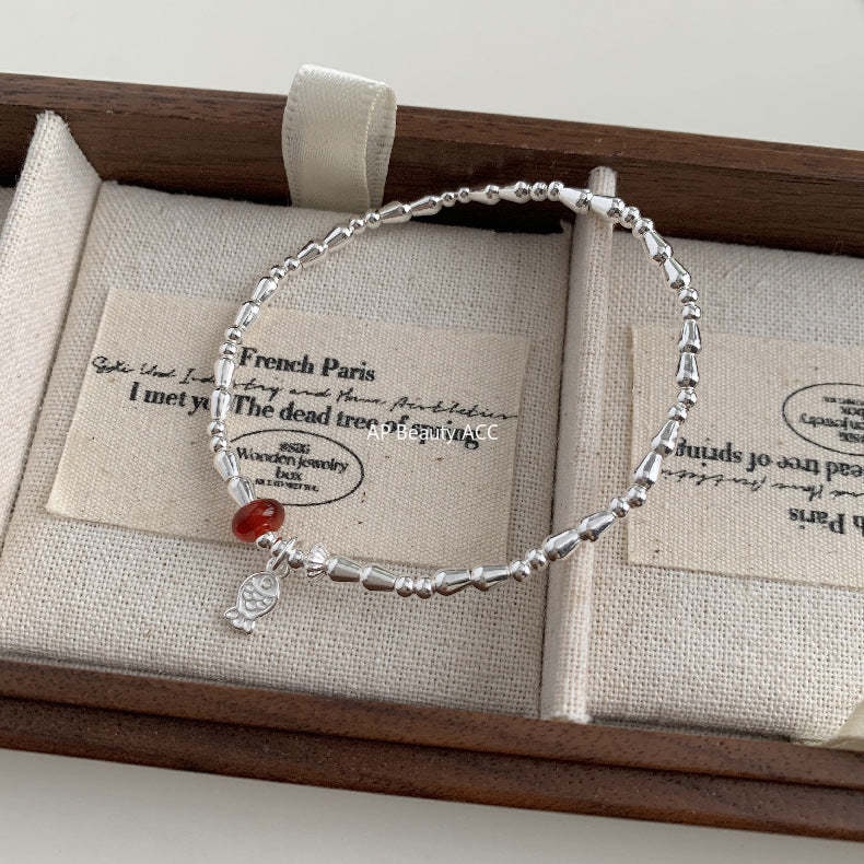 C廠-新中式國風古風小魚兒紅瑪瑙S925純銀戒指彈力戒指S925純銀手鍊「1511」25.11-3