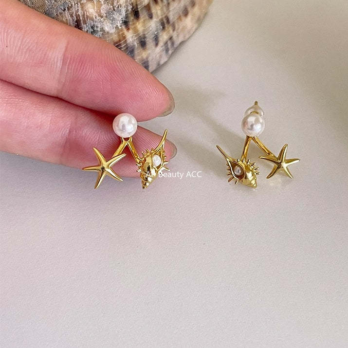 C廠-後掛式珍珠耳釘女小眾設計感海星海螺耳環5新爆銀針耳飾「EH-3098.eb-SJ」25.12-1