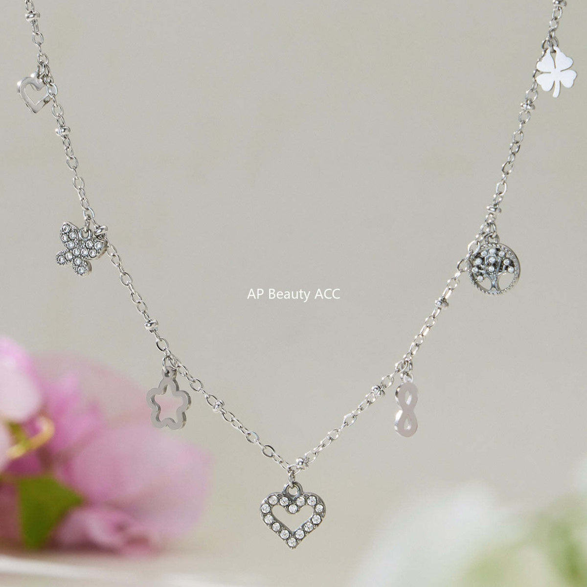 B廠-跨境新款靈動愛心滿鑽鋯石吊墜雙層鎖骨項鍊不鏽鋼鍍18k金「P874」25.11-4