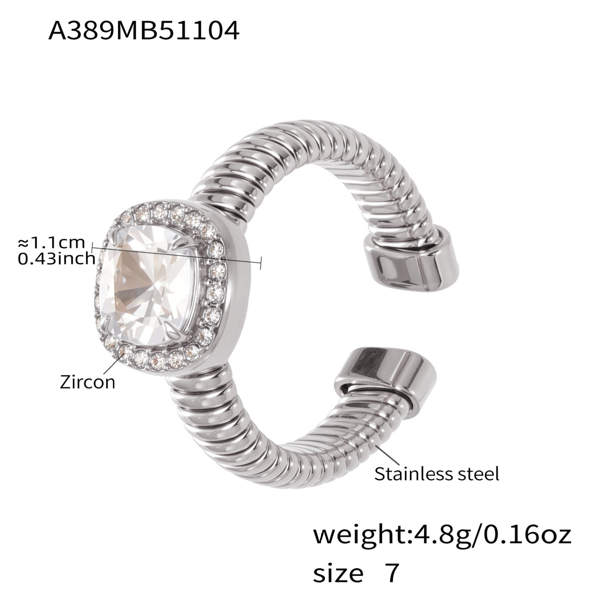 B廠-跨境熱賣新款不鏽鋼方型5A鋯石開口戒指ins風簡約百搭指環「A394-A389」25.11-2