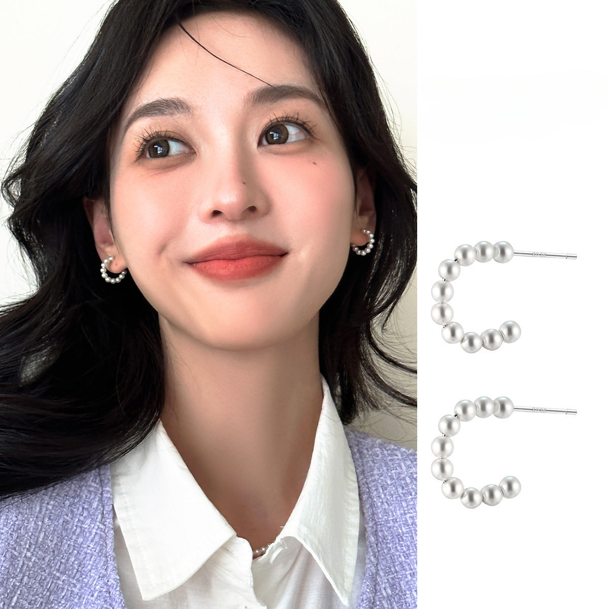 C廠-輕奢溫婉氣質珍珠耳釘女簡約日常百搭銀針額換高級感幾何C形耳飾「EH-3633」25.06-3