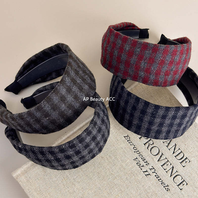 E廠-復古咖色格紋髮箍女日常外戴秋冬氛圍感寬邊頭箍高顱頂髮箍新款女「27632」25.11-1