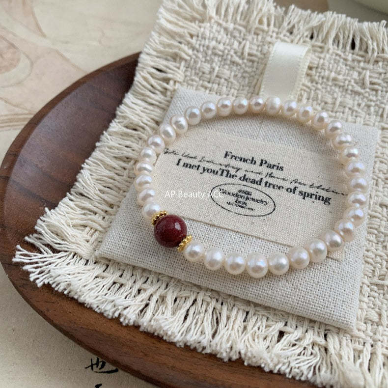 C廠-新中式宮廷極光淡水珍珠手鍊女款輕奢高級感高含量天然朱砂手鍊「1637」25.12-3