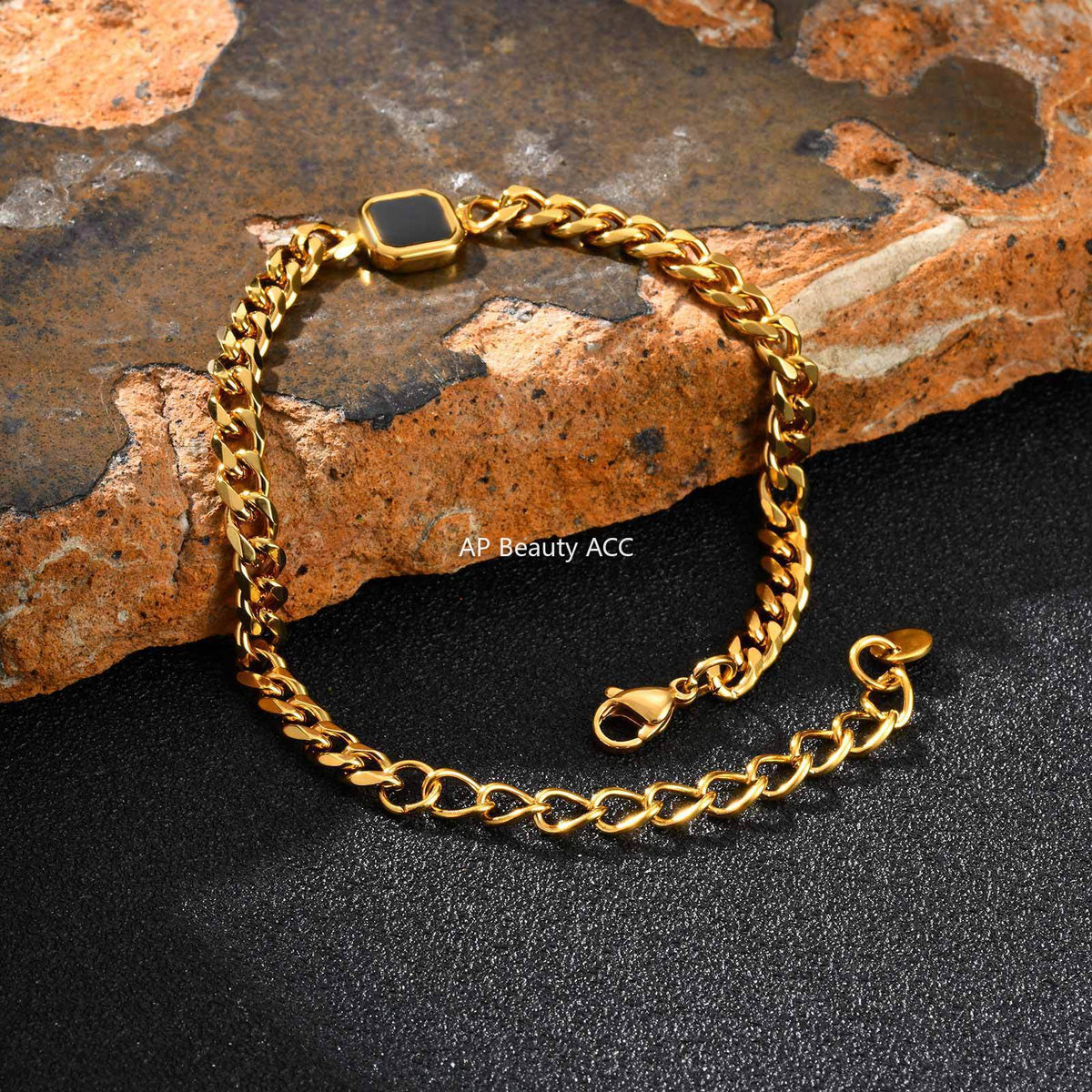 G廠-潮男ins嘻哈歐美不鏽鋼壓克力六面磨鏈手鍊金色「BR-2662」25.10-5