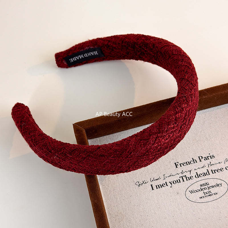E廠-秋冬毛呢高顱頂髮箍紅色新年寬邊頭箍洗臉壓髮卡外出百搭海綿髮捆「27747」25.12-1