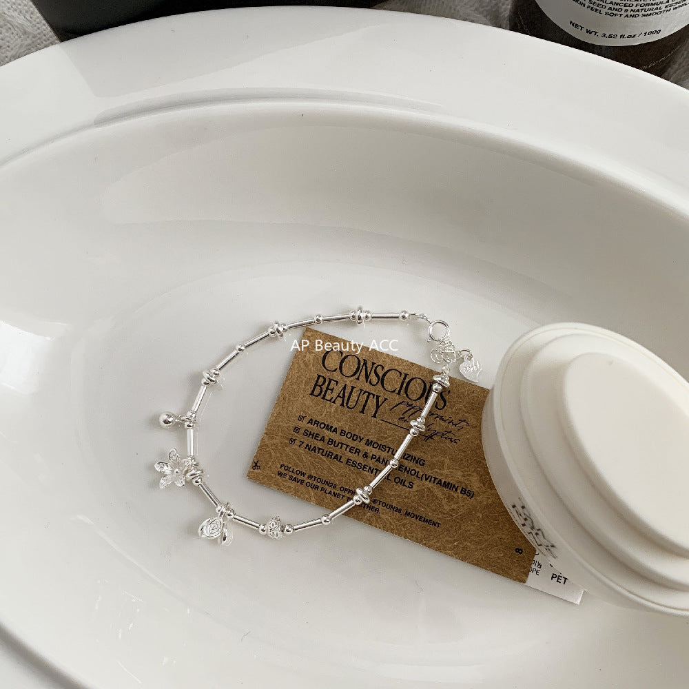 C廠-清新甜美森系花朵花葉圓珠直管S925純銀手鍊銀手鍊「1546」25.11-2