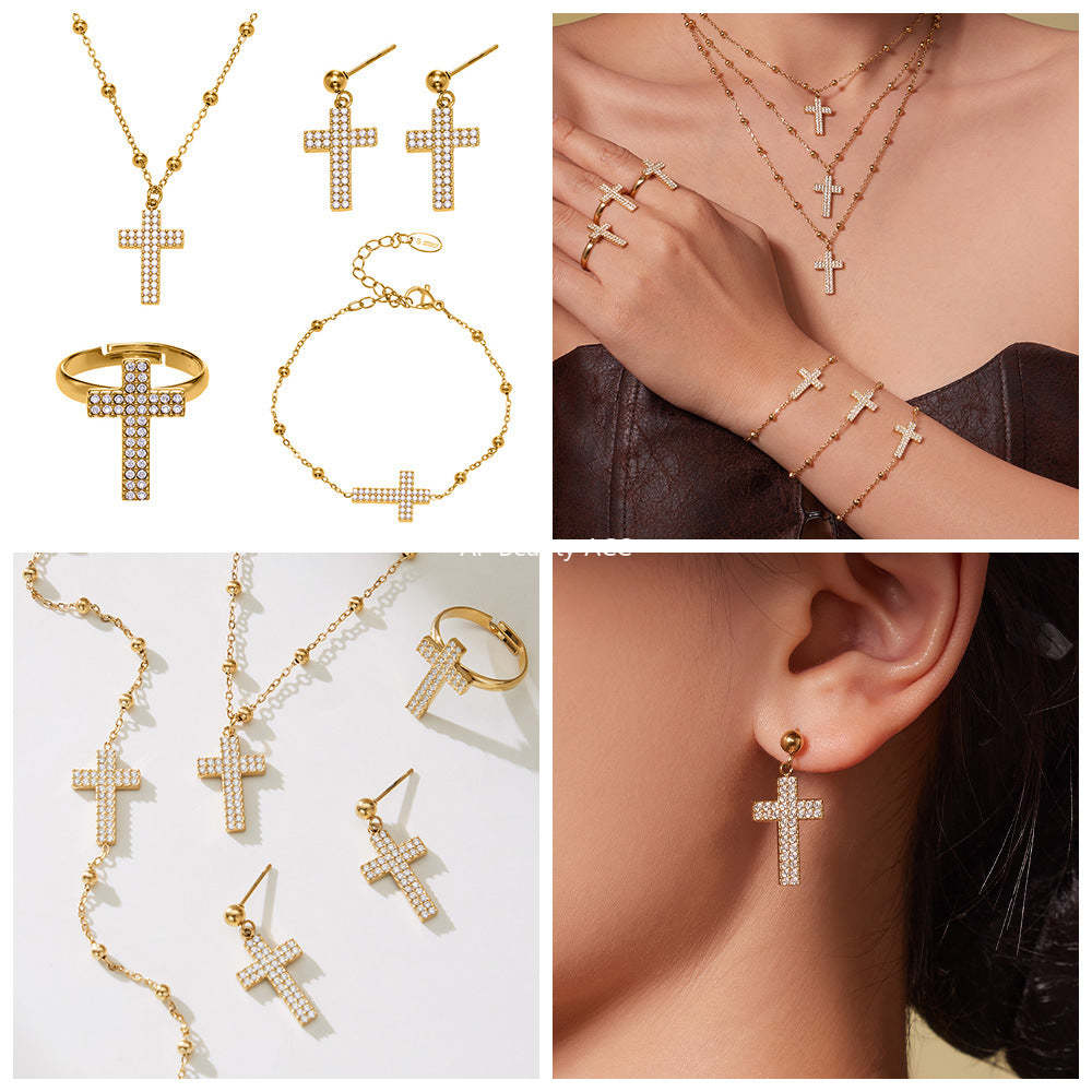 B廠-不鏽鋼超閃5A鋯石十字架戒指耳環項鍊手鍊首飾套裝鍍18k金不掉色「TXP503」25.11-4