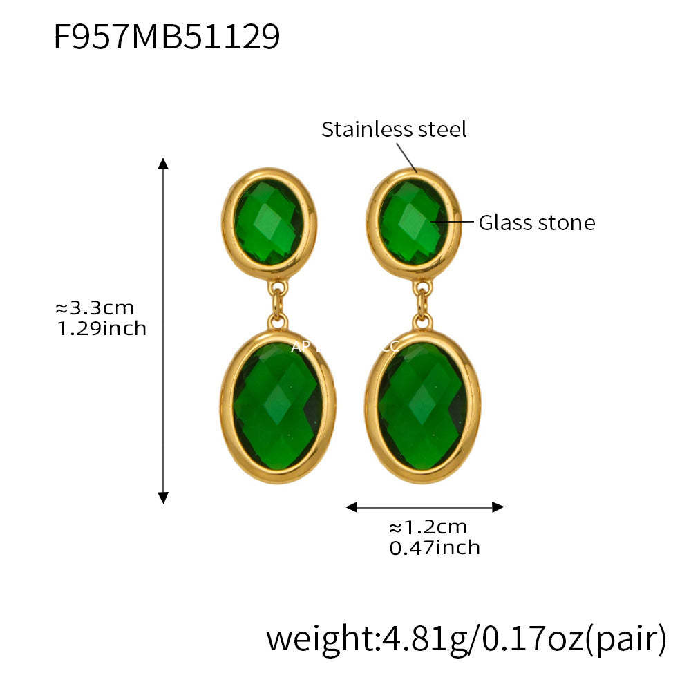 B廠-不鏽鋼幾何橢圓吊墜切面玻璃石耳環ins小眾設計百搭耳飾鍍18k真金「F957」25.12-1