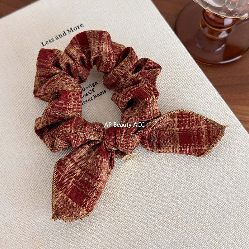 E廠-復古格紋學院風蝴蝶結髮圈減齡時尚百搭髮繩皮筋小腸髮圈頭飾品「27646」25.11-1