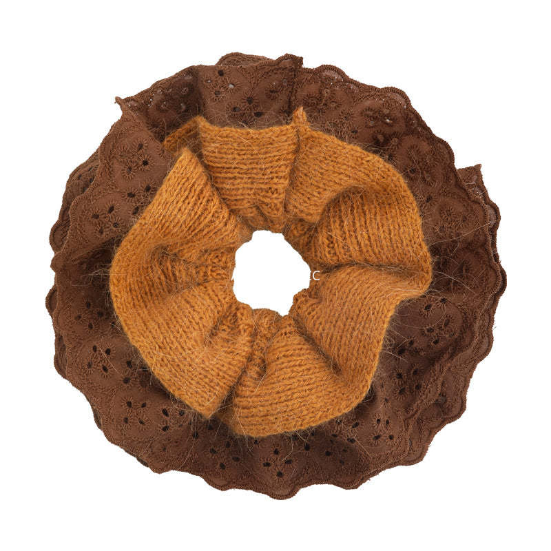 E廠-秋冬韓系毛線針織蕾絲大腸髮圈女超大丸子頭低馬尾頭繩慵懶風頭飾「27752」25.12-1