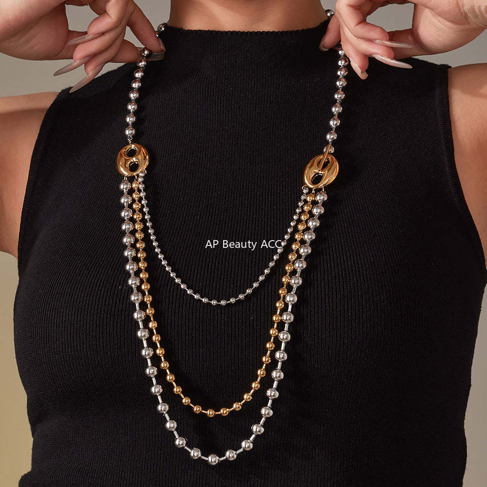 B廠-歐美拼色不鏽鋼愛心扣多層圓珠鏈項鍊ins個性時尚百搭飾品「P1853」25.11-3