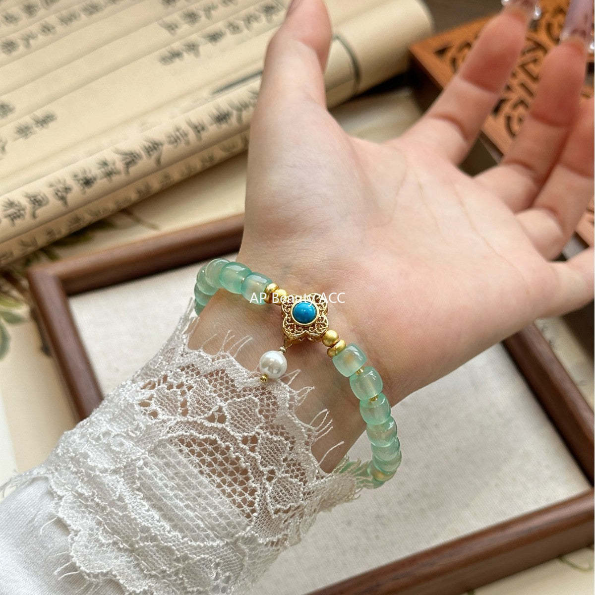 AS廠-天然綠玉髓老型珠施家珍珠設計款綠松新中式復古批發廠家直銷「l2959」25.10-5