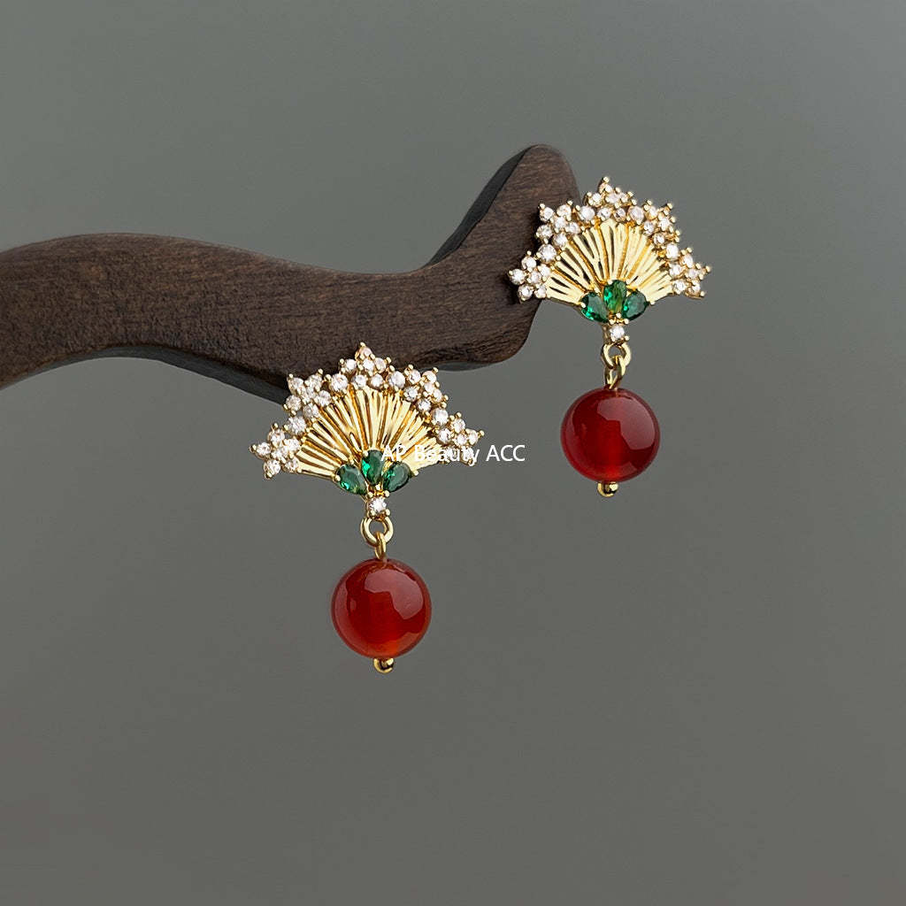 A廠-原創設計新中式微鑲鋯石925銀針扇形紅瑪瑙民族風新款耳飾耳環「7041」25.11-1