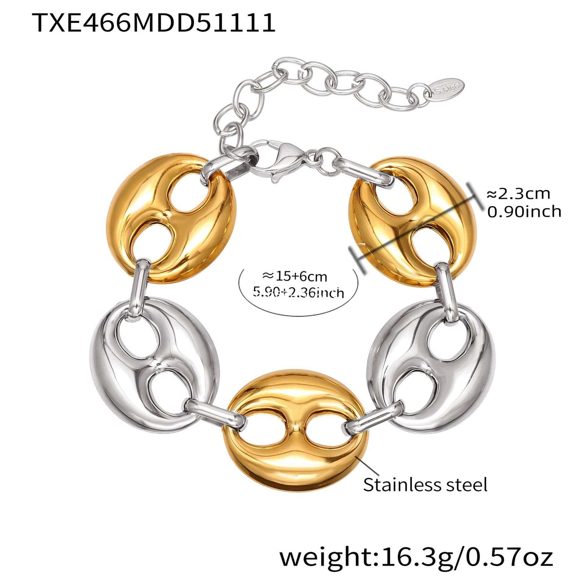 B廠-時尚輕奢風光面橢圓形豬鼻子項鍊手鍊套裝不鏽鋼鍍18k真金「TXP466」25.11-3
