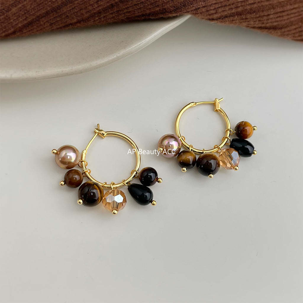 A廠-文藝復古天然石虎眼石手工藝設計感幾何圓圈耳環中古風飾品耳環「7145」25.11-4