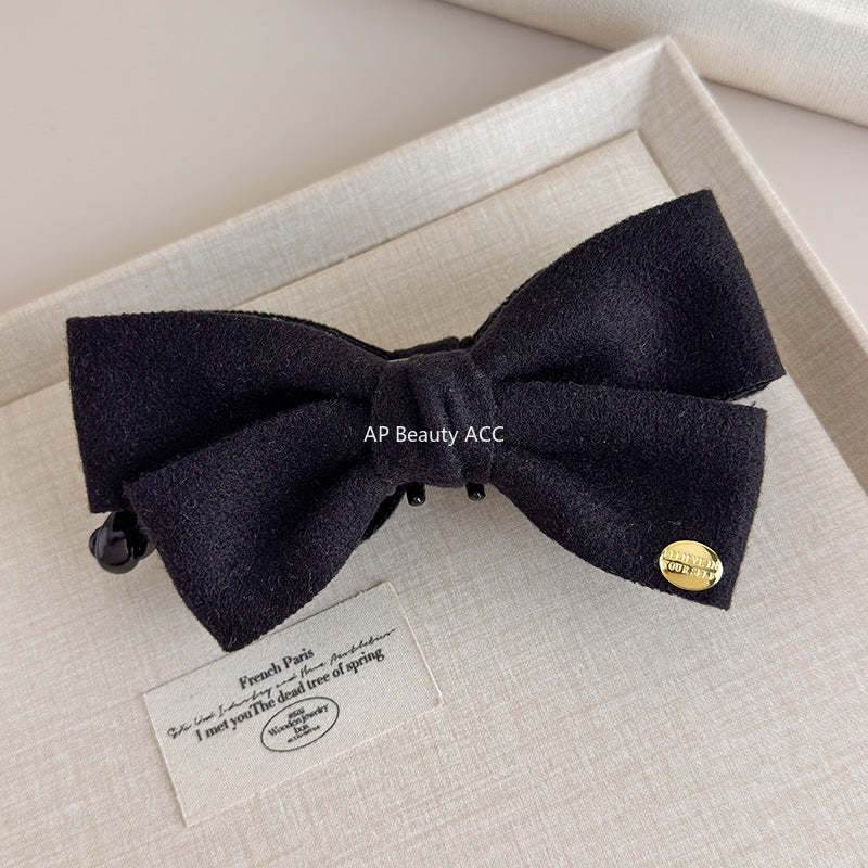 E廠-韓國秋冬高級感雙面呢子蝴蝶結香蕉夾韓系金標竪夾馬尾髮夾髮飾「27639」25.11-1